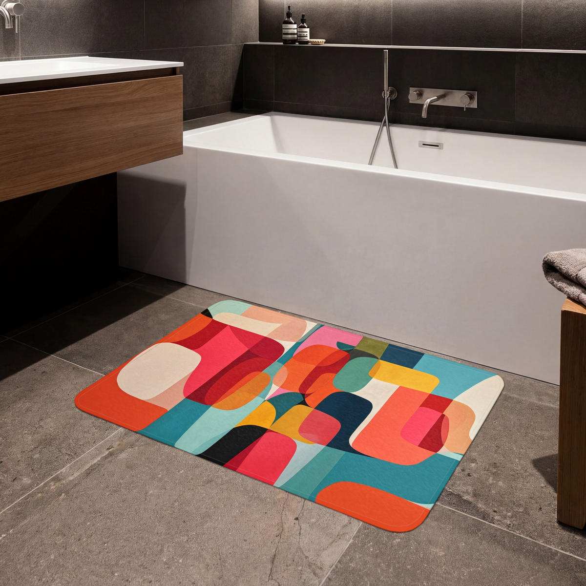 KOUPELNOVÁ PŘEDLOŽKA Tvary - barevné - abstraktní - letadla 90x60 cm - různobarevná, textil/plast (90/60cm) - OnlyWow