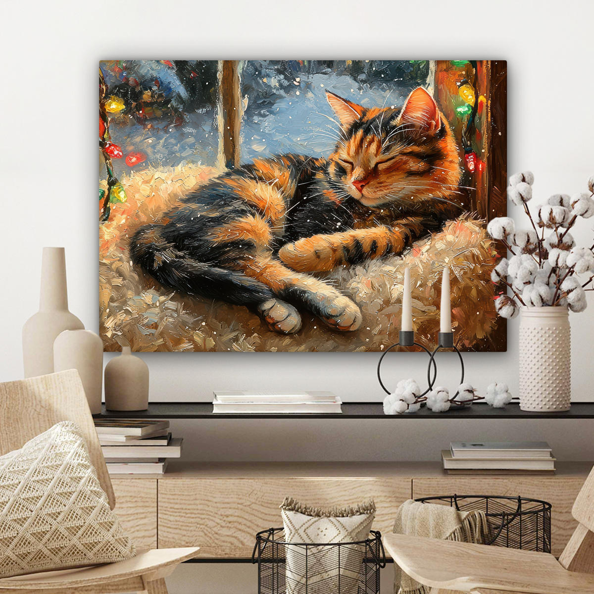 LEINWANDBILD Katze - Weihnachten - Winter - Tier Wandbilder 80x60 cm - Bernsteinfarben, Textil (80/60cm) - MuchoWow