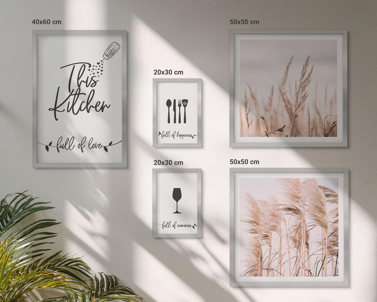 WANDBILDER 5er Set - 50x50 cm & 20x30 cm & 40x60 cm Silberner Rahmen - Abstrakte Blattmalerei - Silberfarben, Kunststoff (40/60cm) - ArtPrintCave
