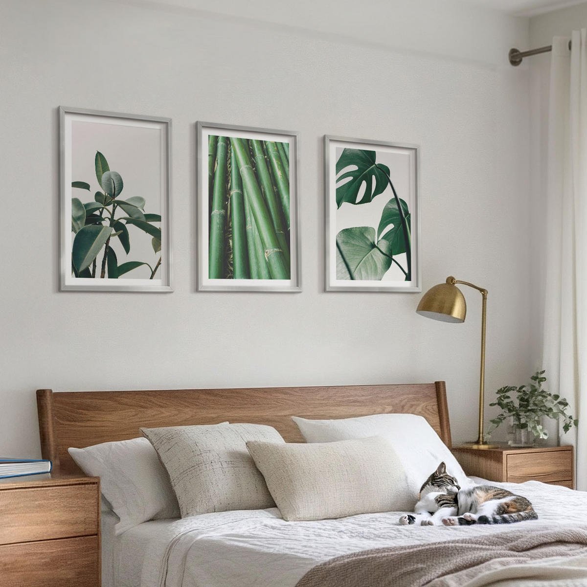 BILDER SET 3er Set - 40x60 cm Silberner Rahmen - Bambusstängel und Monstera-Blätter - Silberfarben, Kunststoff (40/60cm) - TULUP