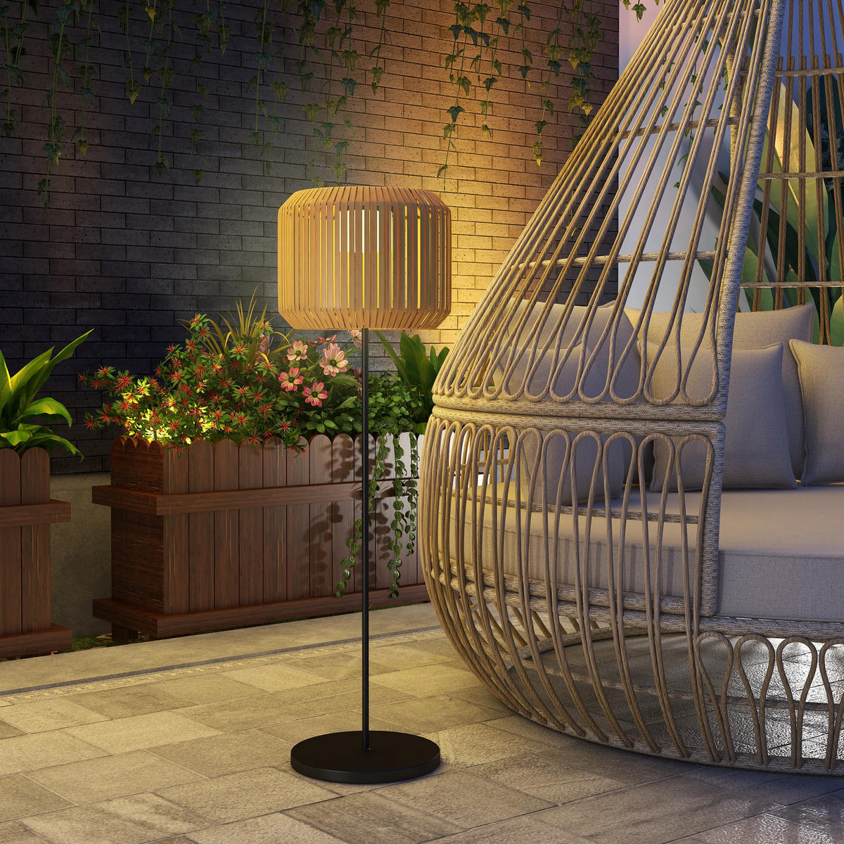 RATTAN Solarlampe, Wegleuchte mit Warmweißem LED Licht, Lichtsensor, Stahl, Gelb - Gelb, Kunststoff (34/34/130cm) - Outsunny