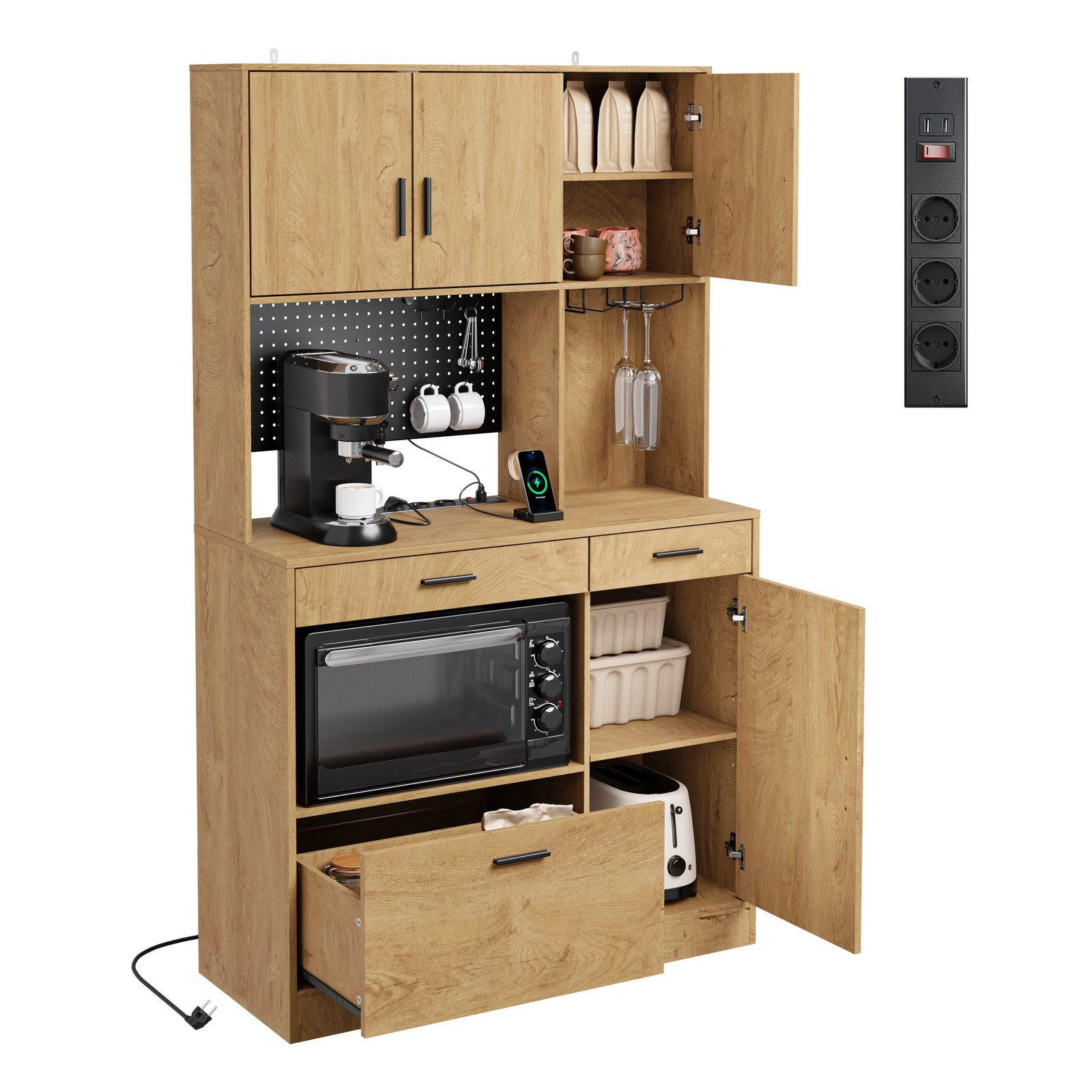 KÜCHENHOCHSCHRANK mit Aufbewahrung und Steckdosen FSB98-L-E-N - Naturfarben, Holzwerkstoff (100/170/40cm) - SoBuy