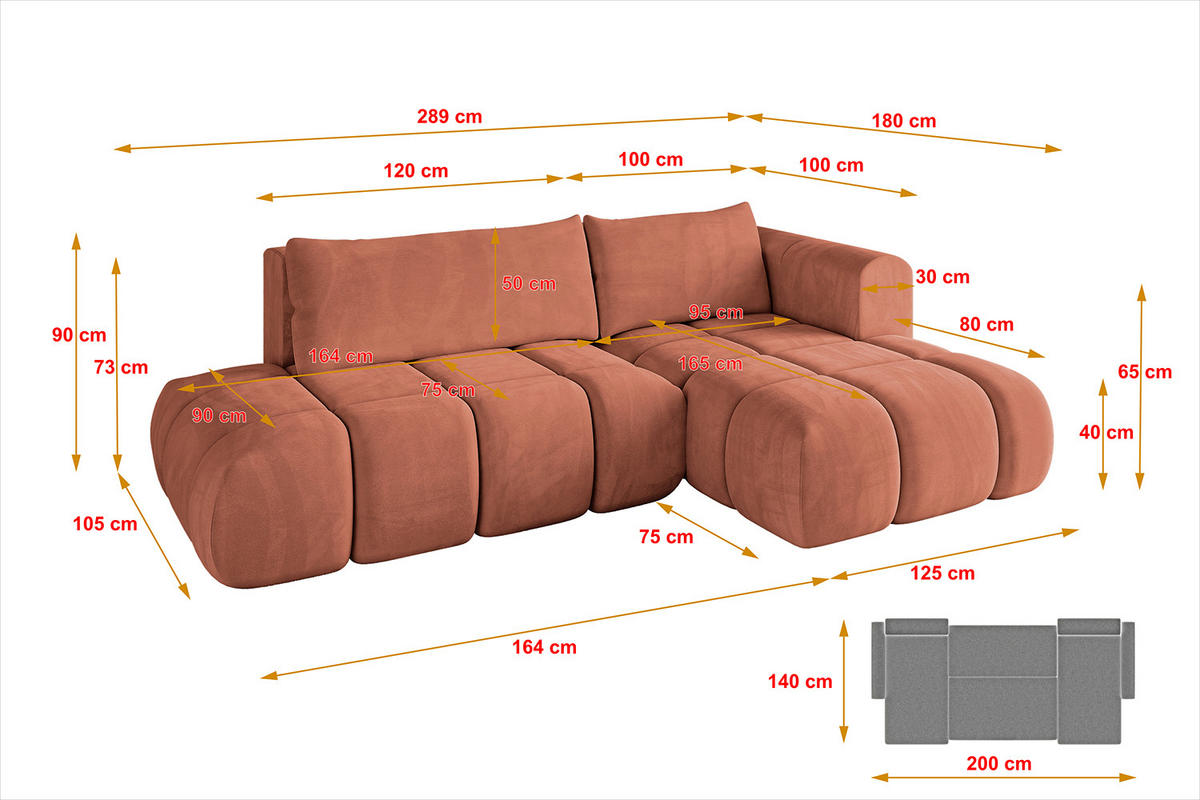 ECKSOFA Ottomane Rechts CLOUD-L 289x180x40 Apricot Velours - Koralle, Holzwerkstoff/Kunststoff (289/180cm) - ALTDECOR