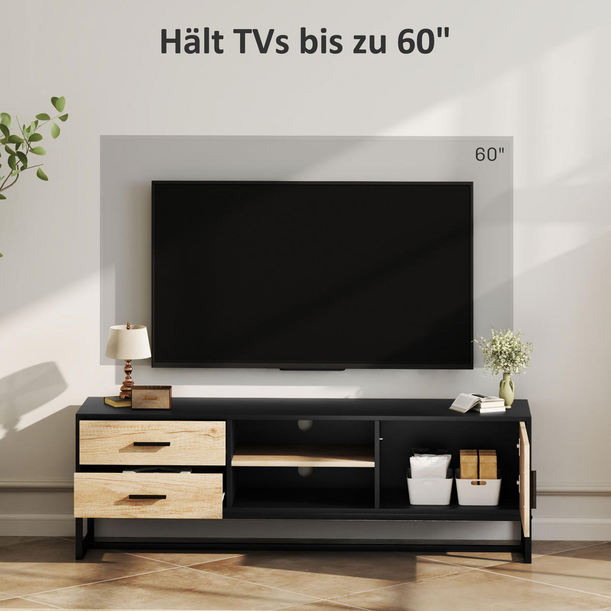 TV Schrank TV Board mit Schrankfach, Schubladen, 2 offenen Fächern Schwarz - Schwarz, Holzwerkstoff (35/45/140cm) - HOMCOM