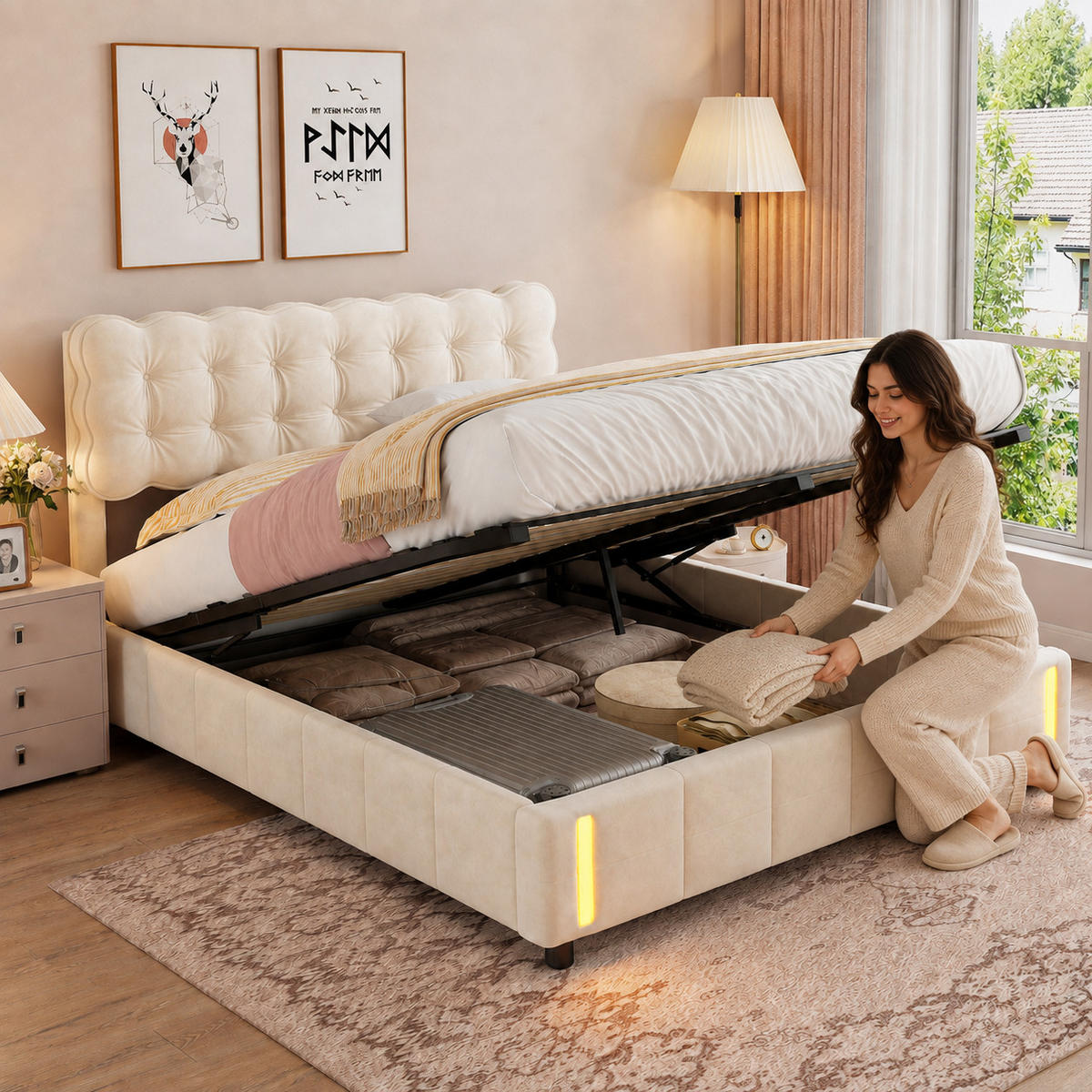 POLSTERBETT 140/190 cm Beige Samt mit LED & Gestepptem Kopfteil - Beige, Holz/Metall (140/190cm) - Joyfair