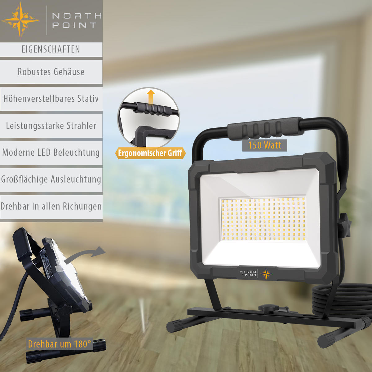 LED-BAUSTRAHLER mit Standfuß - 150W für Innen und Außen, spritzwassergeschützt, ideal für Handwerksarbeiten, 2er-Set - Schwarz, Metall (18.3/34.6/41.4cm) - Northpoint