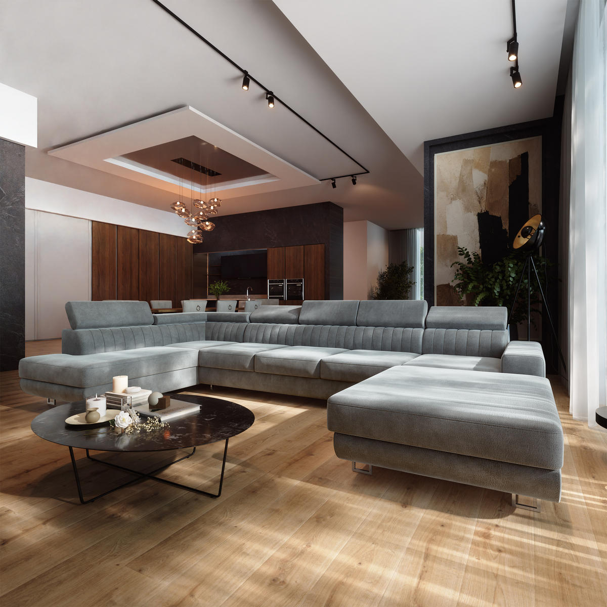 WOHNLANDSCHAFT GAIAN Hellgrau Velours-Stoff mit Schlaffunktion - Hellgrau, Holz (412/88/190cm) - MASSENO