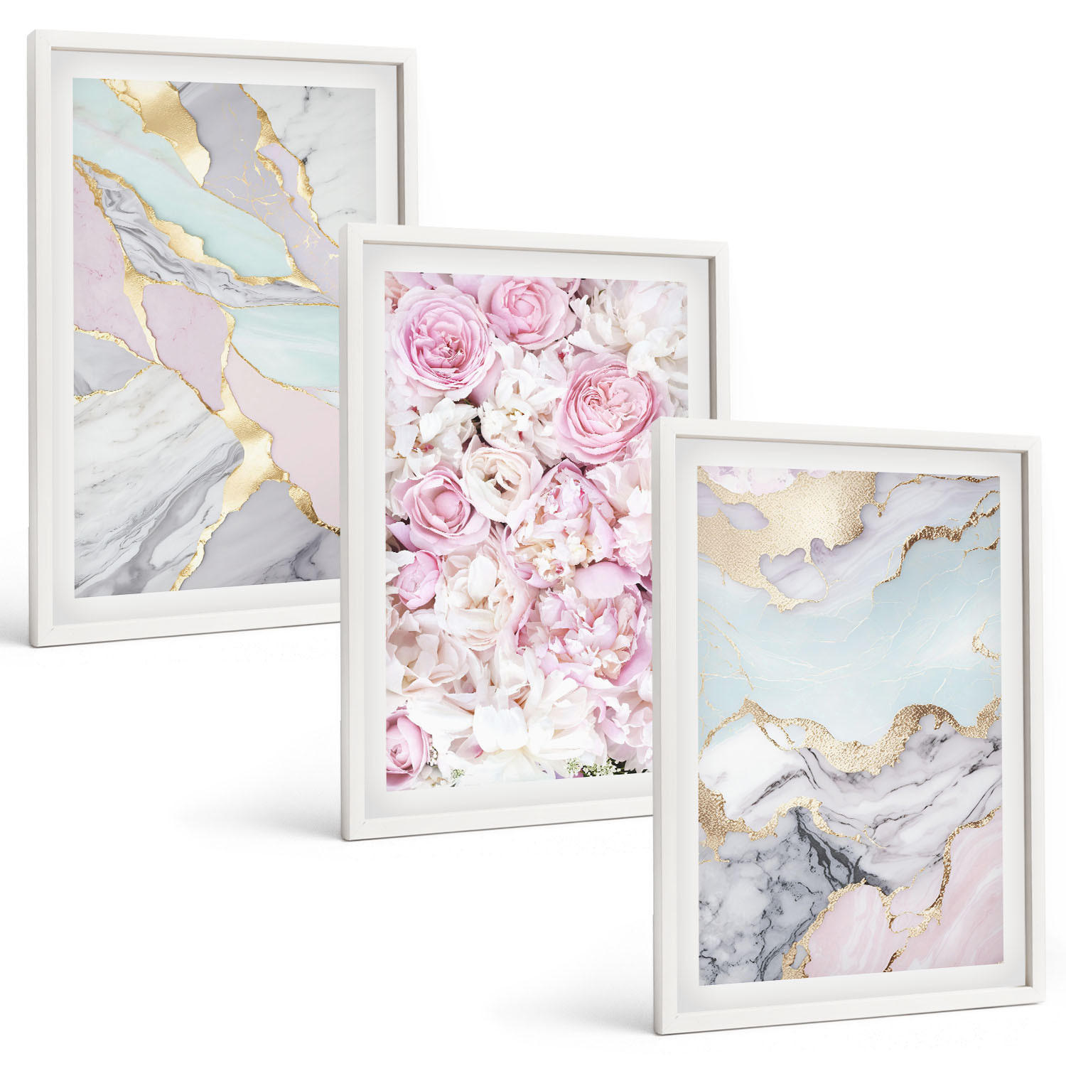 BILDER SET 3er Set - 40x60 cm Weißer Rahmen - Rosa Blumen Marmor Pastell - Weiß, Kunststoff (40/60cm) - TULUP