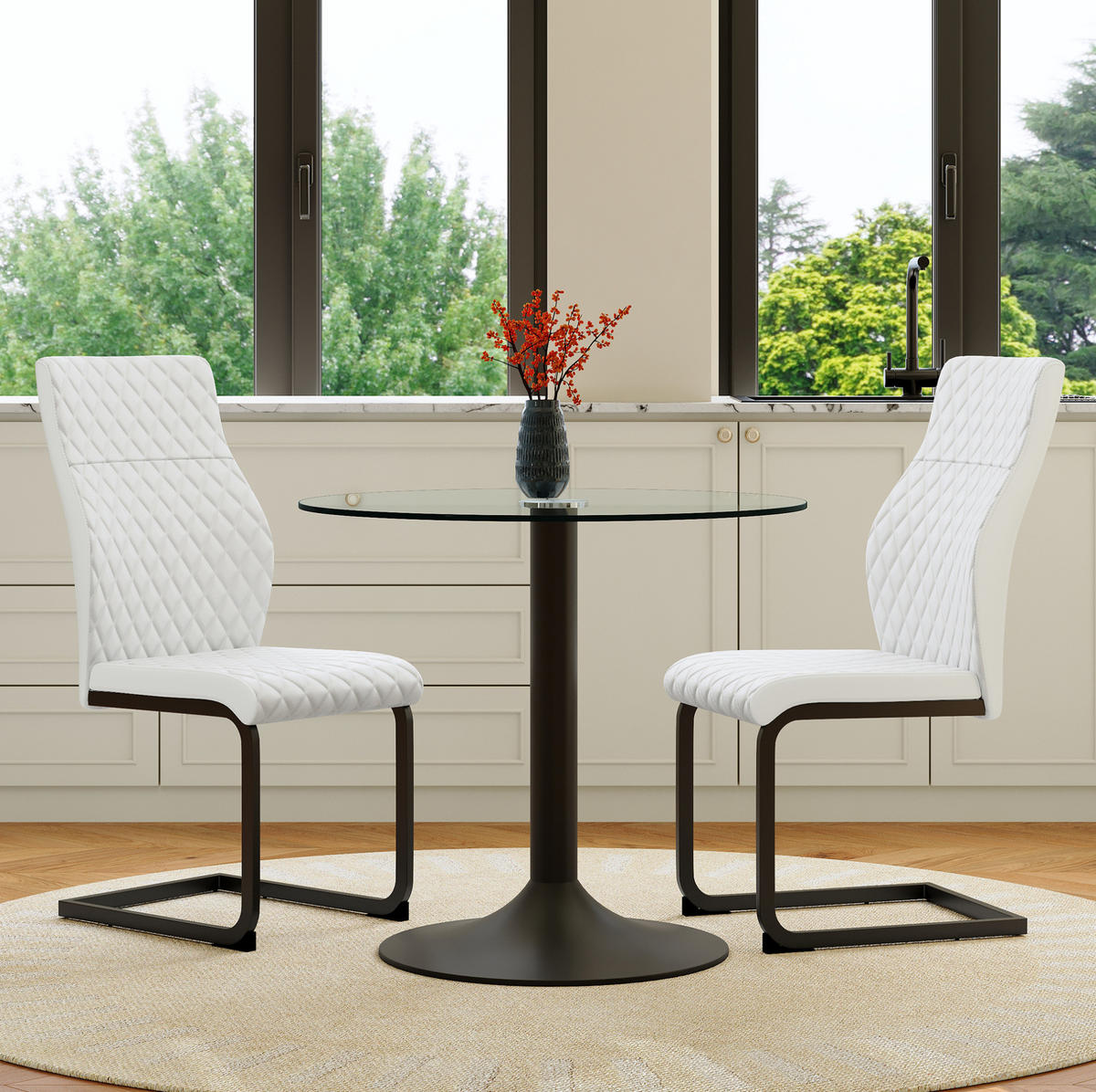 TISCH-STUHL-SET mit Glastisch und 2 Stühlen Schwarz Weiß - Schwarz, Metall (85/76/85cm) - Meubliv
