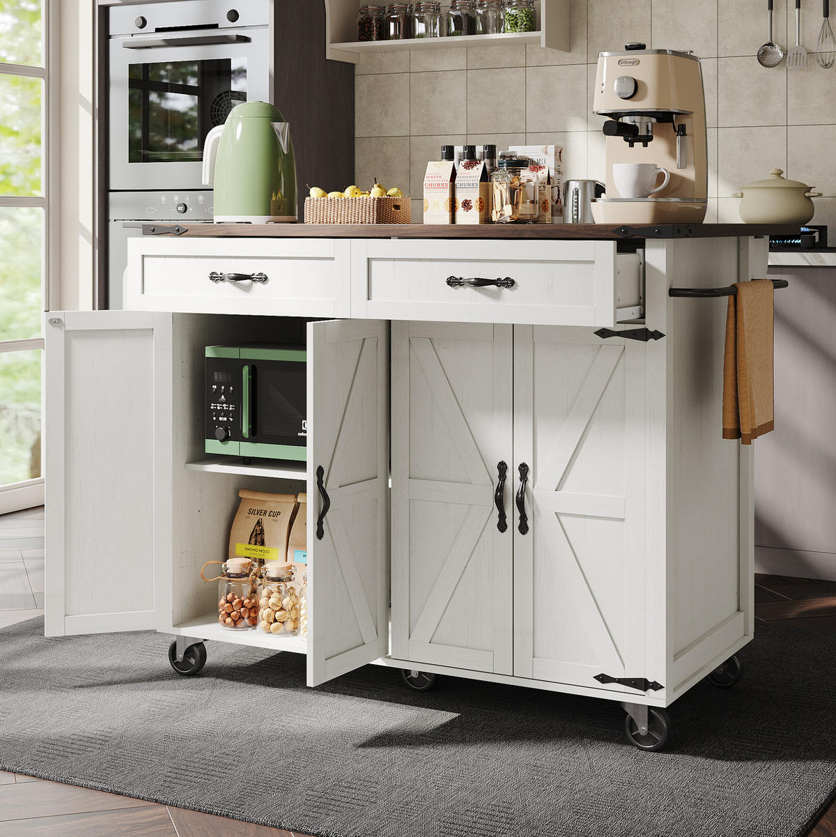 KÜCHENINSELWAGEN aus MDF mit klappbarer Arbeitsplatte, 140/45/72/93 cm, Weiß - Weiß, Holzwerkstoff (140/93/45cm) - Redom