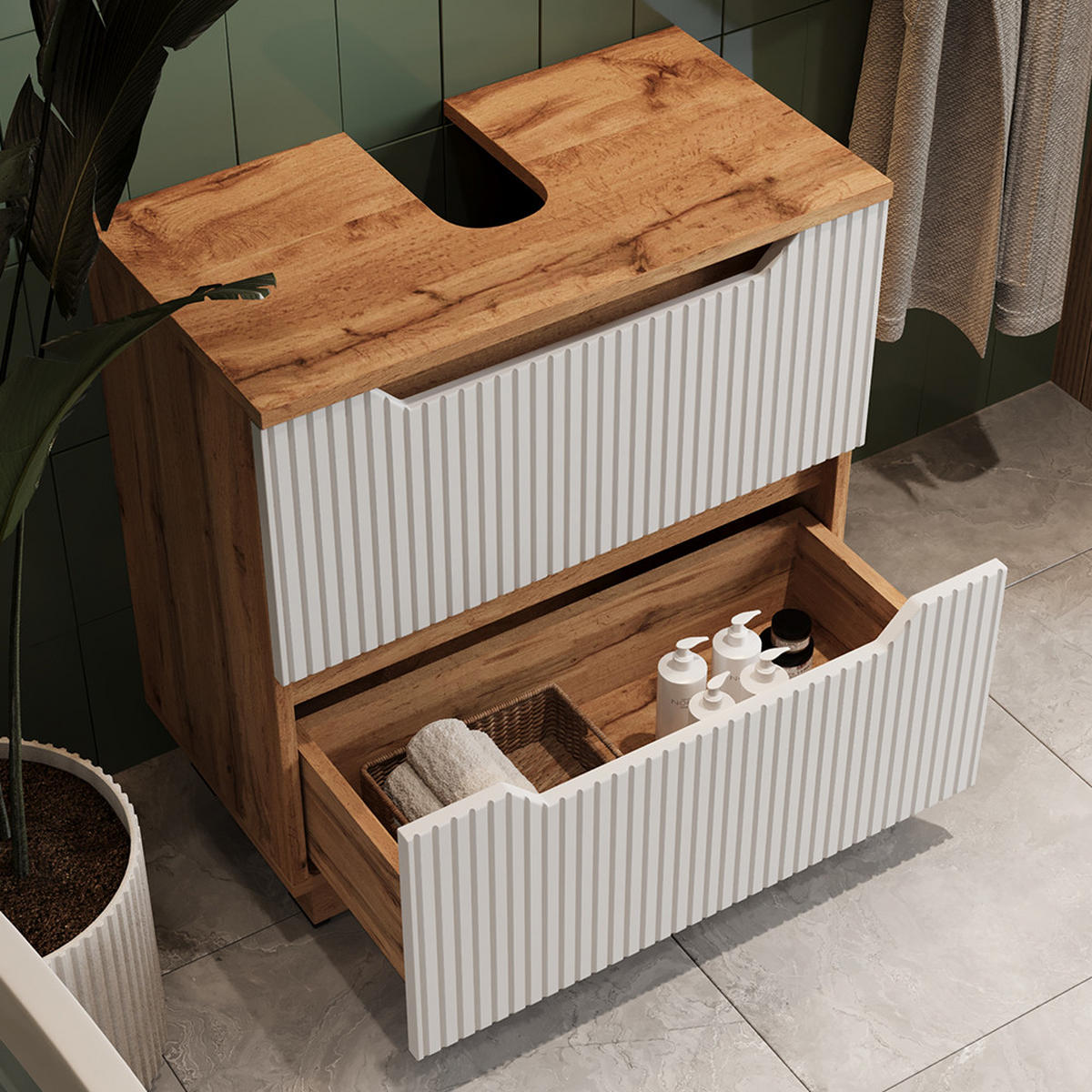 DOLNÍ SKŘÍŇKA POD DŘEZ Lotta Dub/bílý pruhovaný - bílá/barva dubu, kompozitní dřevo (59.8/62.5/32cm) - Vicco