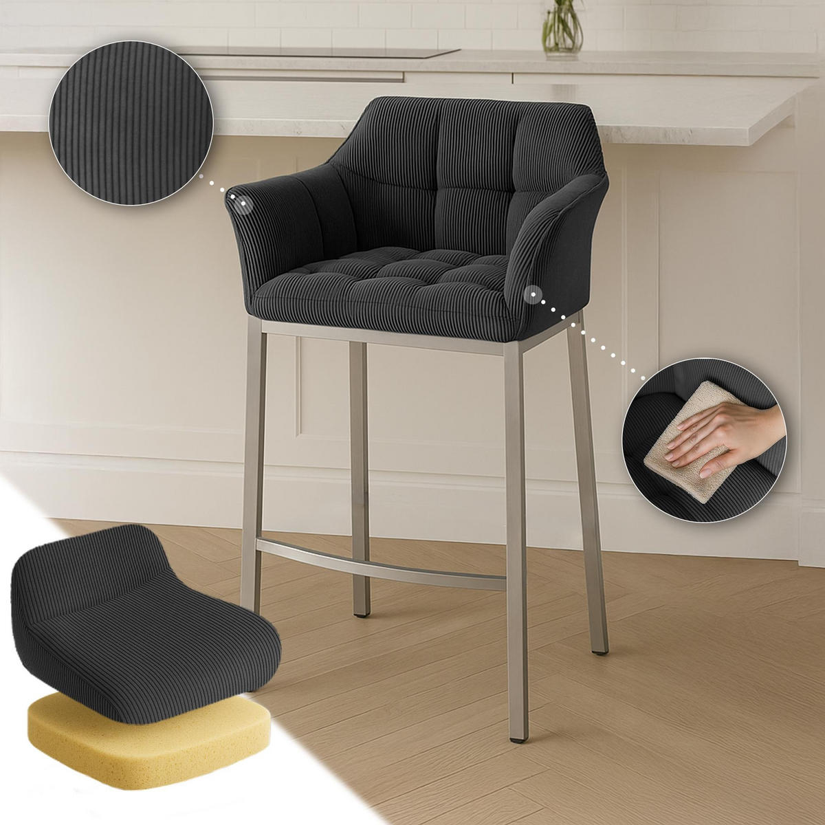 BARHOCKER Damaso Cordbezug 110x64x48 cm dunkelgrau - Dunkelgrau, Metall (64/110/48cm) - furnicato