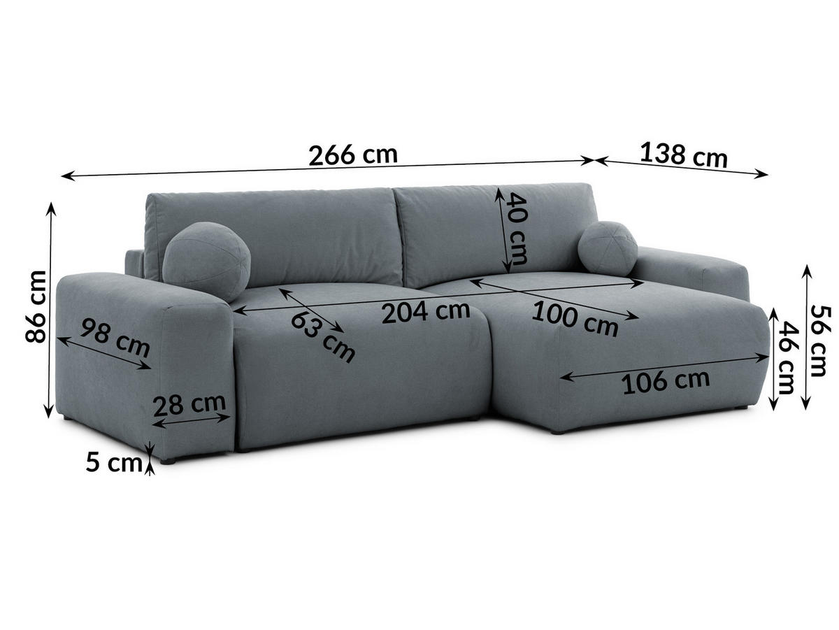 ECKSOFA Puffy mit Schlaffunktion und Bettkasten - besonders weich und puffig aus Dunkelgrau Webstoff - Ottomane rechts - Dunkelgrau/Schwarz, Holz/Kunststoff (266/138cm) - S-Style Möbel