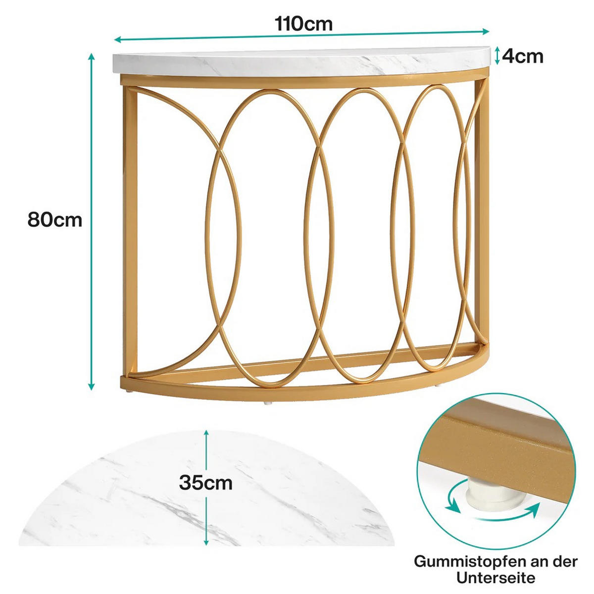 KONSOLENTISCH Halbmond-Design 110 x 35 cm MDF Metall Gold Weiß - Weiß, Metall (110/35/80cm) - Meubliv