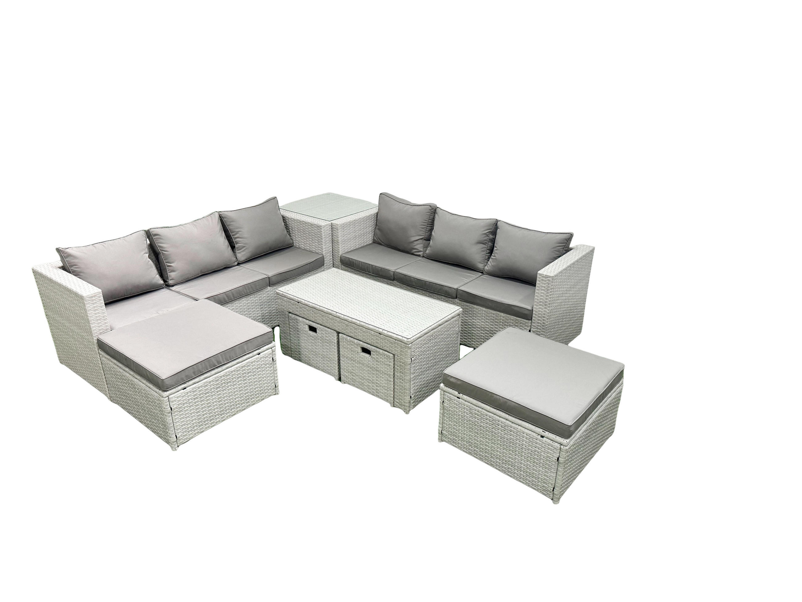 BALKONMÖBEL-SET Polyrattan Hellgrau-Mix 10-teilig - Hellgrau/Grau, Glas/Kunststoff - Fimous