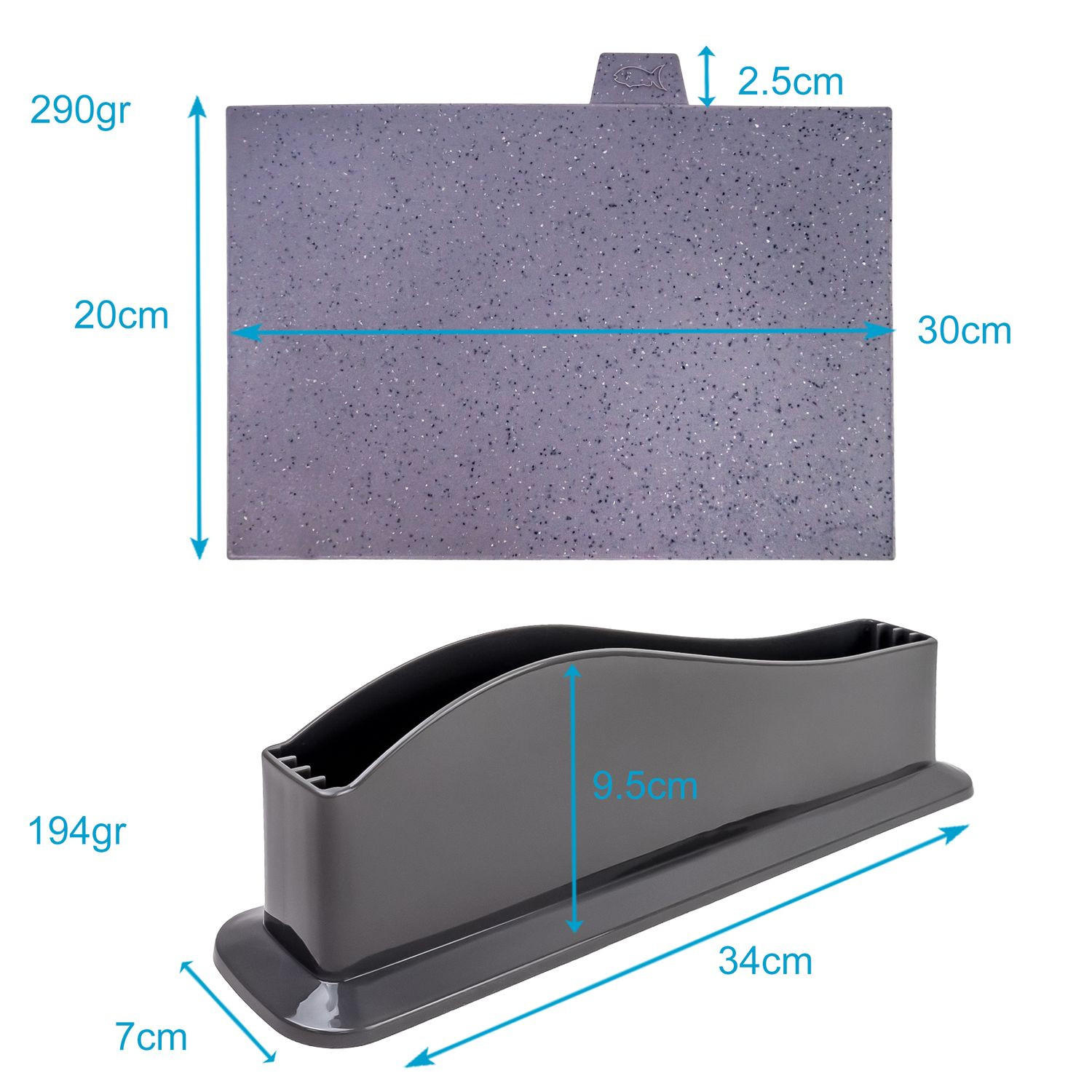 SCHNEIDEBRETT Set mit Halterung (5-tlg.) - Grau, Kunststoff (7/34cm) - Intirilife