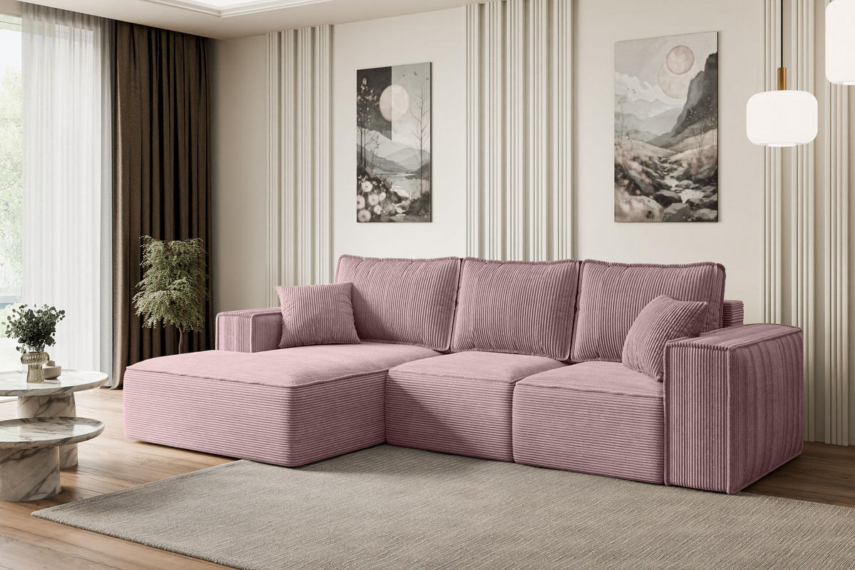 ECKSOFA mit Schlaffunktion und Bettkasten SERRA-L-S - 266x161x87 cm Rosa Cord - Schwarz/Rosa, Holzwerkstoff/Kunststoff (266/161cm) - ALTDECOR