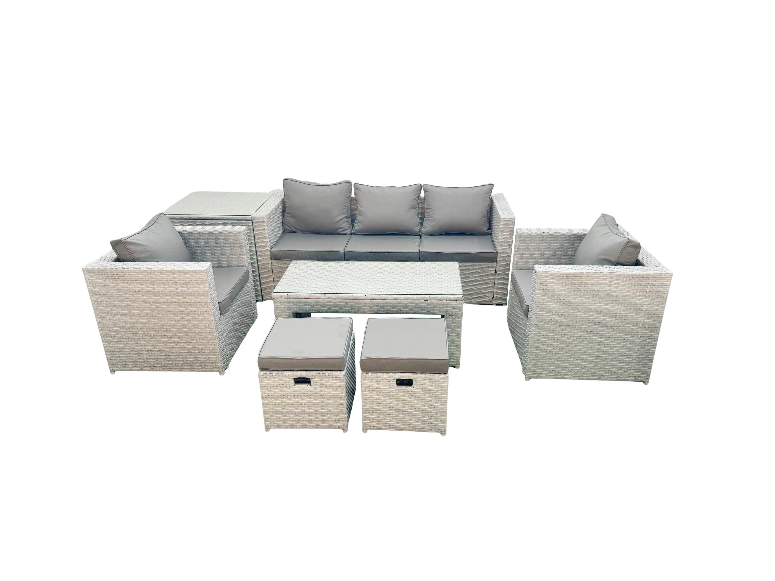 GARTENSET mit 3-SITZER SOFA,COUCHTISCH Polyrattan Hellgrau-Mix 7-Sitzer - Hellgrau/Grau, Glas/Kunststoff - Fimous