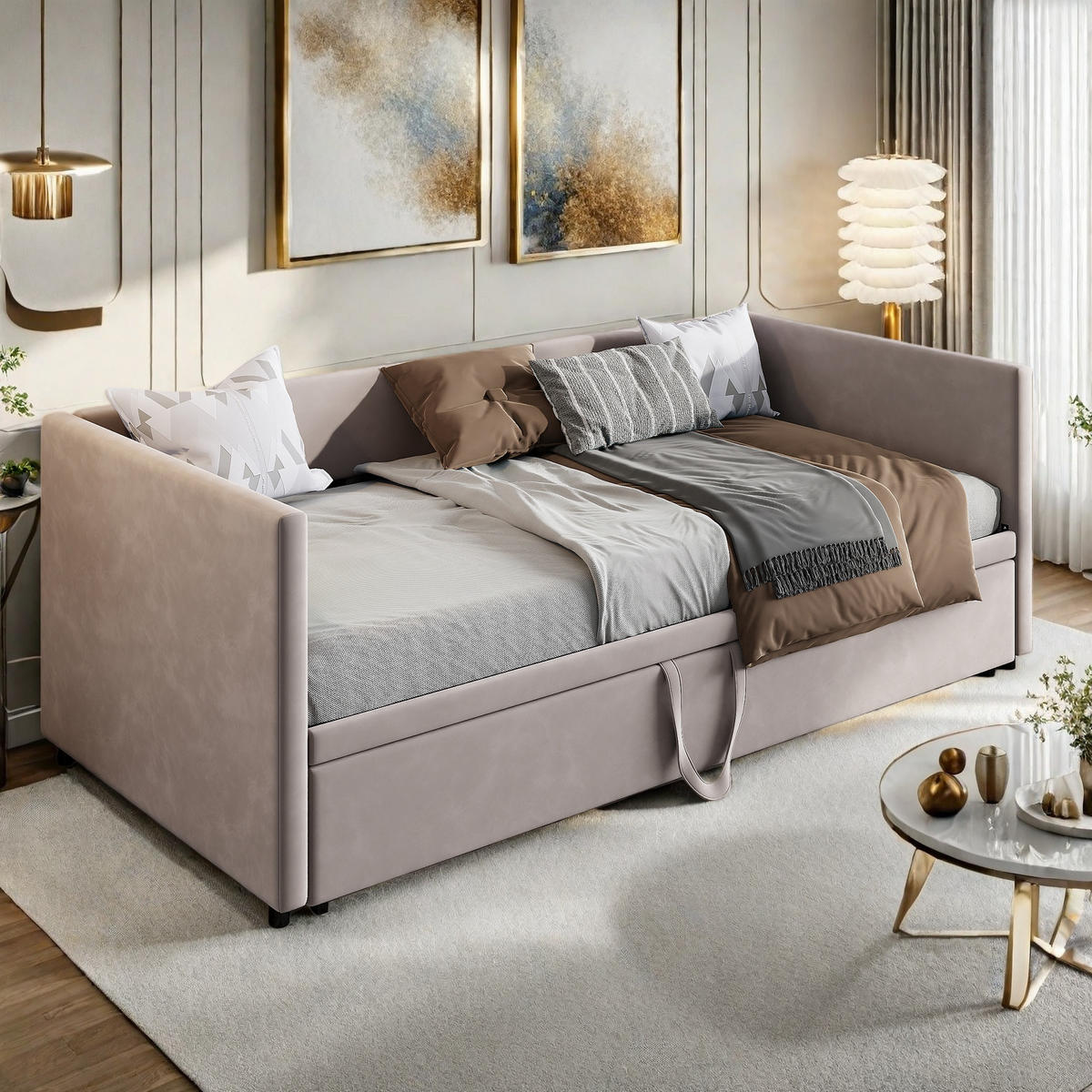 POLSTERBETT Tagesbett 90/180 × 200 cm, grau, Samt, Multifunktionsbettgestell, ausziehbares Bett, Wohnzimmer - Grau, Holz (180/200cm)