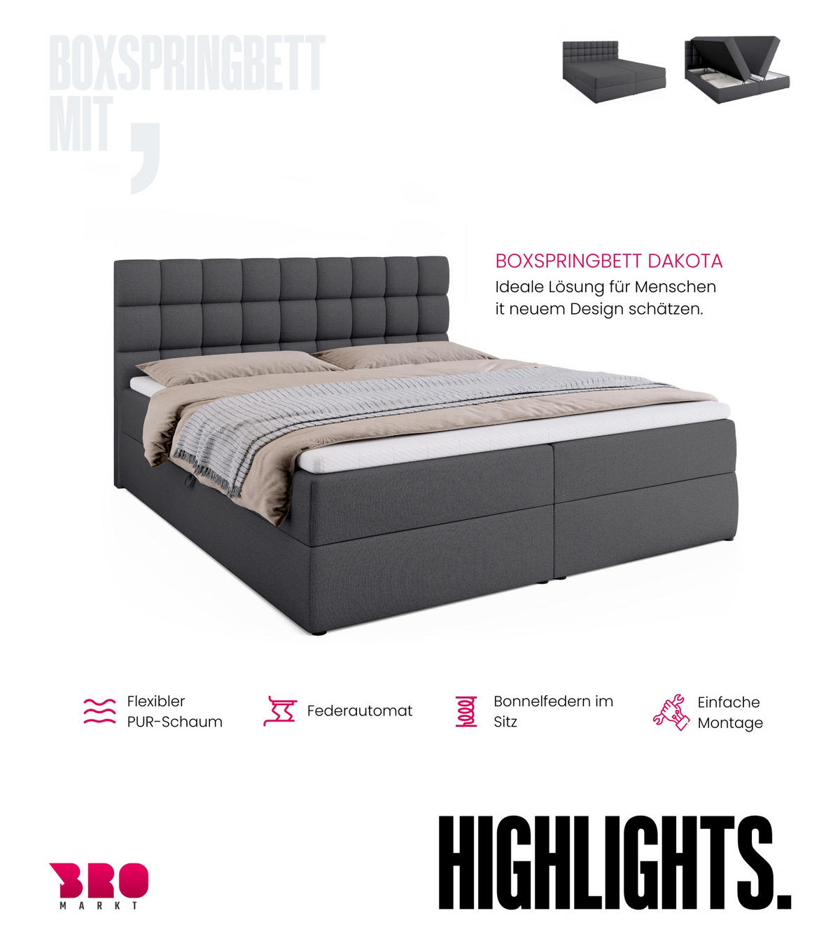 BOXBETT Dakota mit Topper 180/200 Dunkelgrau - Dunkelgrau, Textil (180/200cm) - Bromarkt