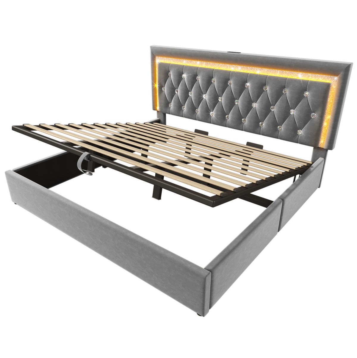 POLSTERBETT 180/200 cm aus Samt mit LED-Beleuchtung, USB- & Type-C-Anschluss und hydraulischem Stauraum, Grau - Grau, Textil (180/200cm) - Redom