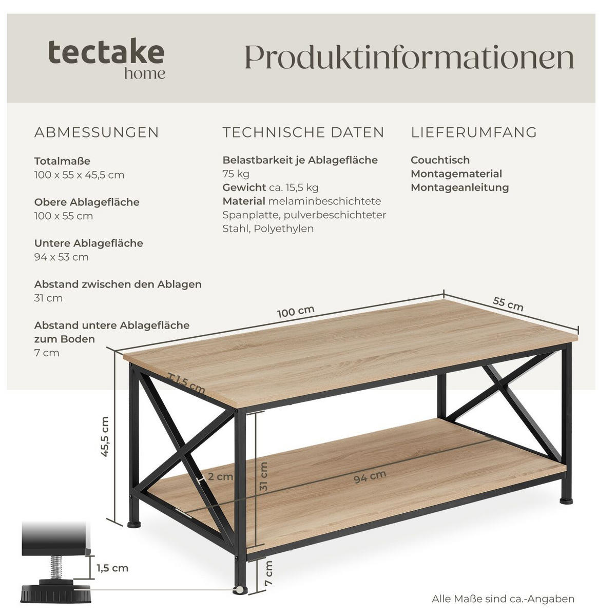 COUCHTISCH Pittsburgh,100 x 55 x 45,5 cm,Industrial Holz hell, Eiche Sonoma - Naturfarben, Holzwerkstoff (100/55/45.5cm) - tectake