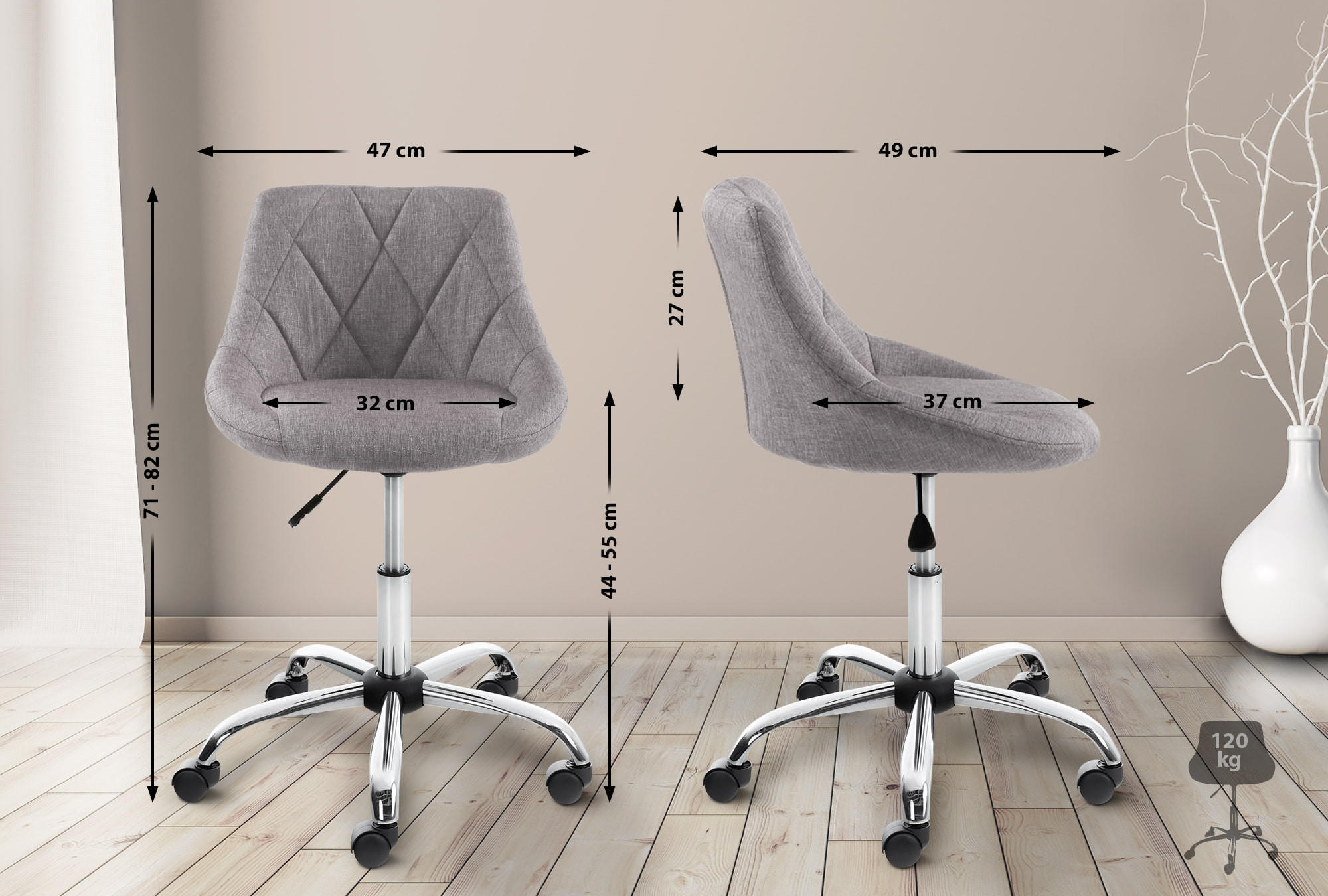HOCKER Stoff grau - Chromfarben/Grau, Textil/Metall (47/71/49cm) - CLP