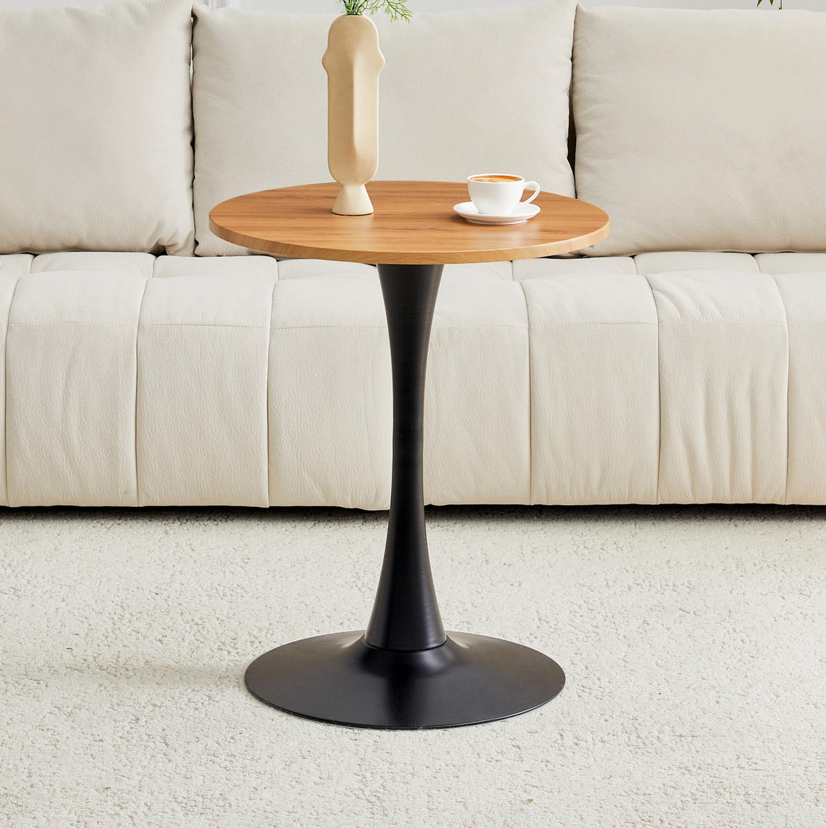 BEISTELLTISCH 60/60/72 cm mit runder Tischplatte, Thermoform-Oberfläche und stabilem Metallfuß, Schwarz/Holzfarben - Naturfarben, Holzwerkstoff (60/60/72cm) - Redom