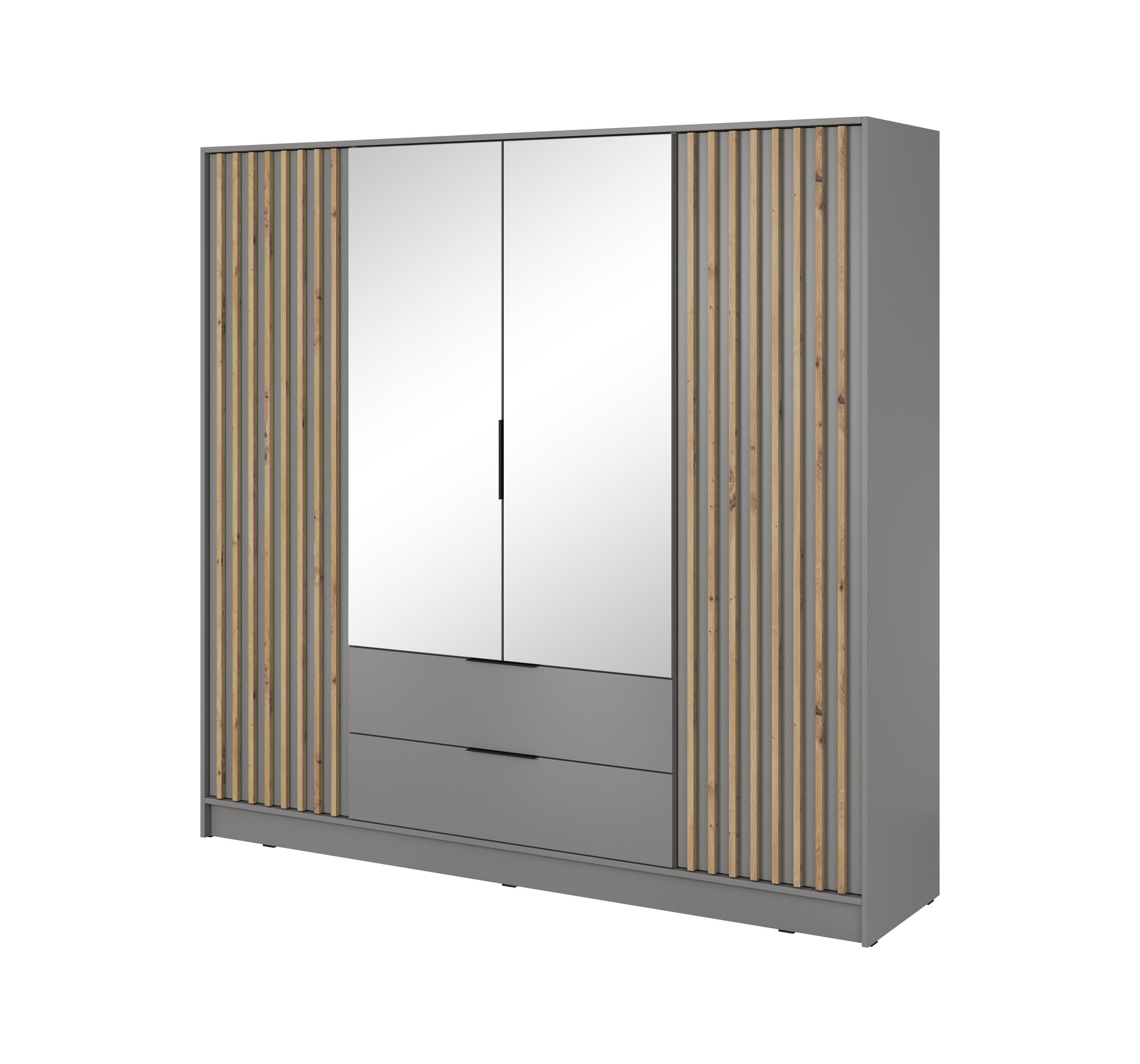DREHTÜRENSCHRANK NELIANA 206/200/51 cm 4-türig mit Spiegel Grau - Grau, Holzwerkstoff (206/200/51cm) - MASSENO