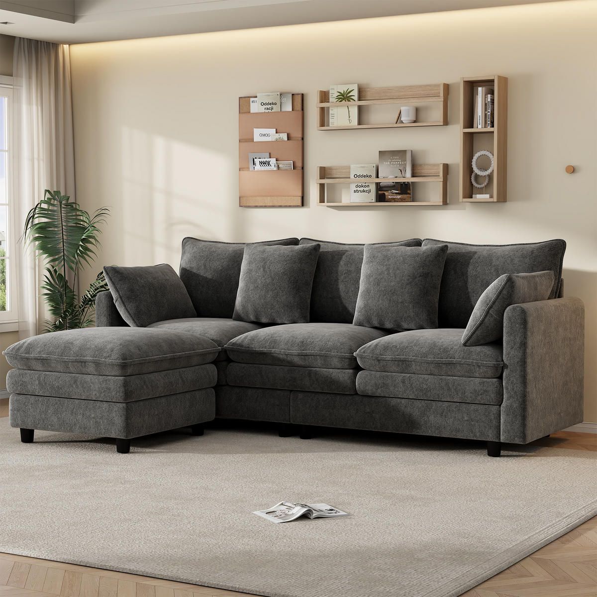 ECKSOFA 212/150/90 cm Grau mit 4 Zierkissen und 3 Rückenlehnen - Grau, Textil (212/150cm) - Oxeza