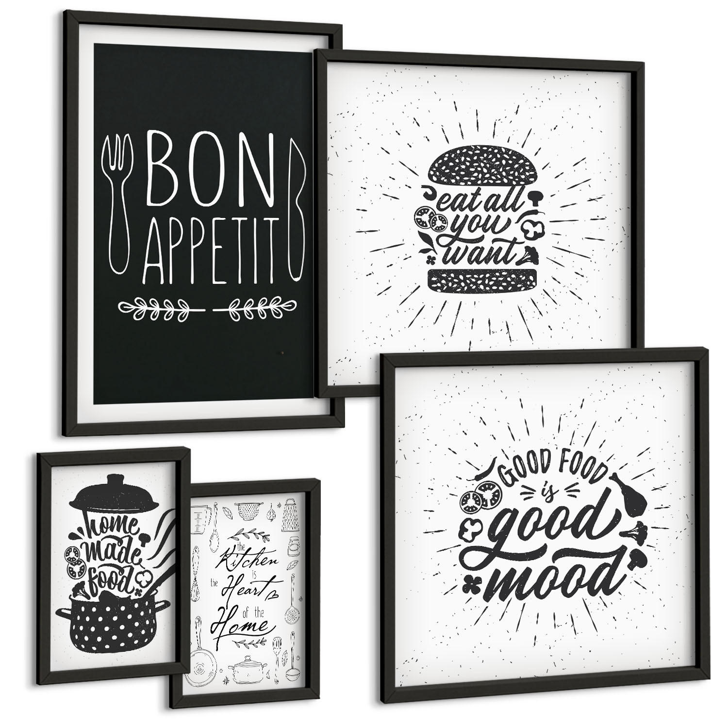 BILDER SET 5er Set - 50x50 cm & 20x30 cm & 40x60 cm Schwarzer Rahmen - Grafiken, Lebensmittel, kulinarische Slogans - Schwarz, Kunststoff (40/60cm) - TULUP
