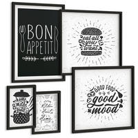 BILDER SET 5er Set - 50x50 cm & 20x30 cm & 40x60 cm Schwarzer Rahmen - Grafiken, Lebensmittel, kulinarische Slogans - Schwarz, Kunststoff (40/60cm) - TULUP