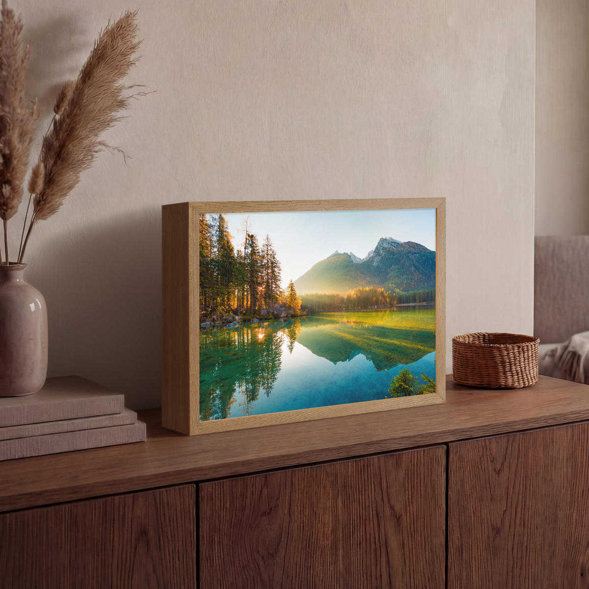 WANDLEUCHTE MIT AKKU See - Wald - Berge - Natur - Sonne - Landschaft 40x30 cm - Grün, Holzwerkstoff (40/30/8cm) - OnlyWow