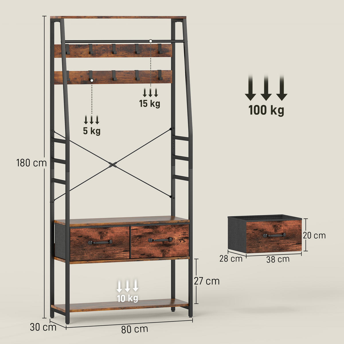 GARDEROBENSTÄNDER Spanplatte Metall Rustikal-Braun - Schwarz/Braun, Holzwerkstoff/Metall (30/180/80cm) - HOMCOM