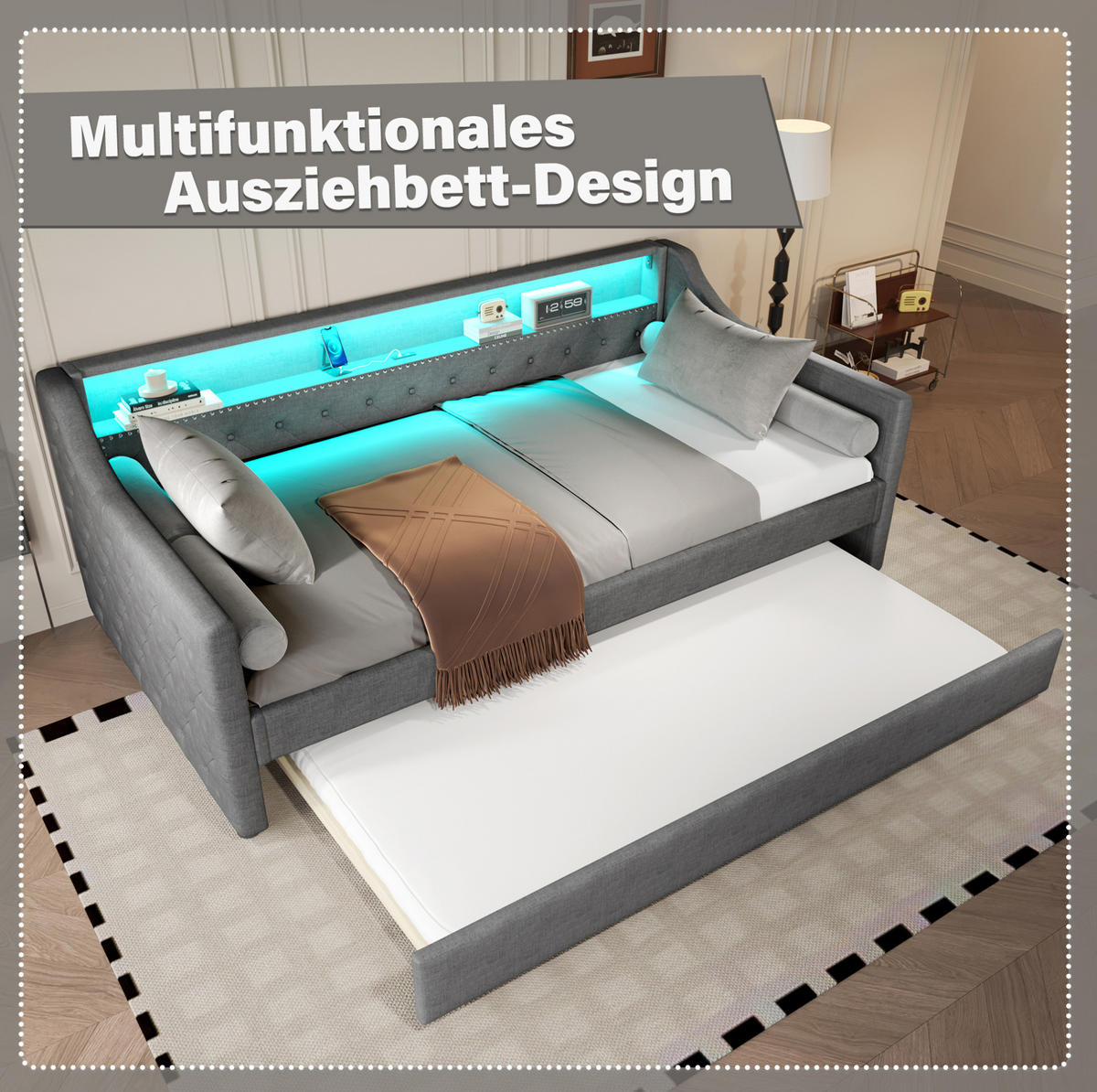 POLSTERBETT 90/200 cm Grau aus Leinen und MDF mit Ausziehbett, LED-Beleuchtung und USB-Ladeanschluss - Grau, Textil (90/200cm) - OKMYHOME
