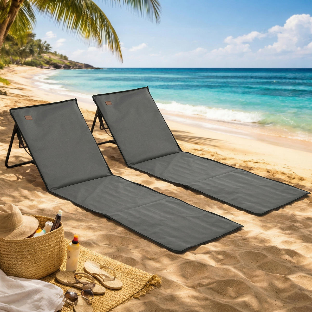 STRANDLIEGE, klappbar, verstellbare Rücklehne, Tragegurt, weiche Polsterung, Stahlrahmen, Grau, 142x51x40cm - Grau, Metall (142/40/51cm)