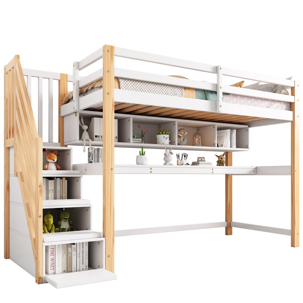 HOCHBETT 90x200cm mit großen Schreibtisch in natürlich und wei - Naturfarben, Holz (90/200cm) - KOMHTOM