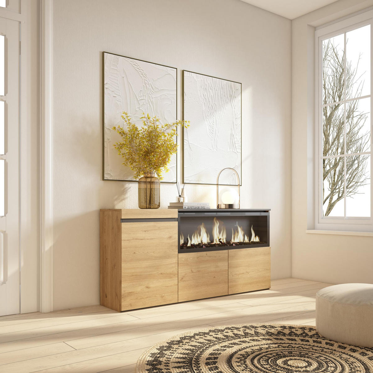 SIDEBOARD Highboard, Elektrokamin XXL, eiche, 158/35/75cm - Eichefarben/Schwarz, Holzwerkstoff (158/75/35cm) - Skraut Home