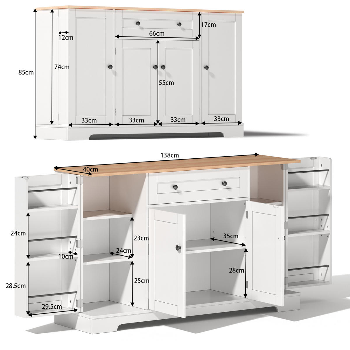 KÜCHENBUFFET 138/40/85 cm Natur/Weiß aus MDF mit verstellbaren Einlegeböden - Naturfarben, Holzwerkstoff (138/85/40cm) - OKWISH