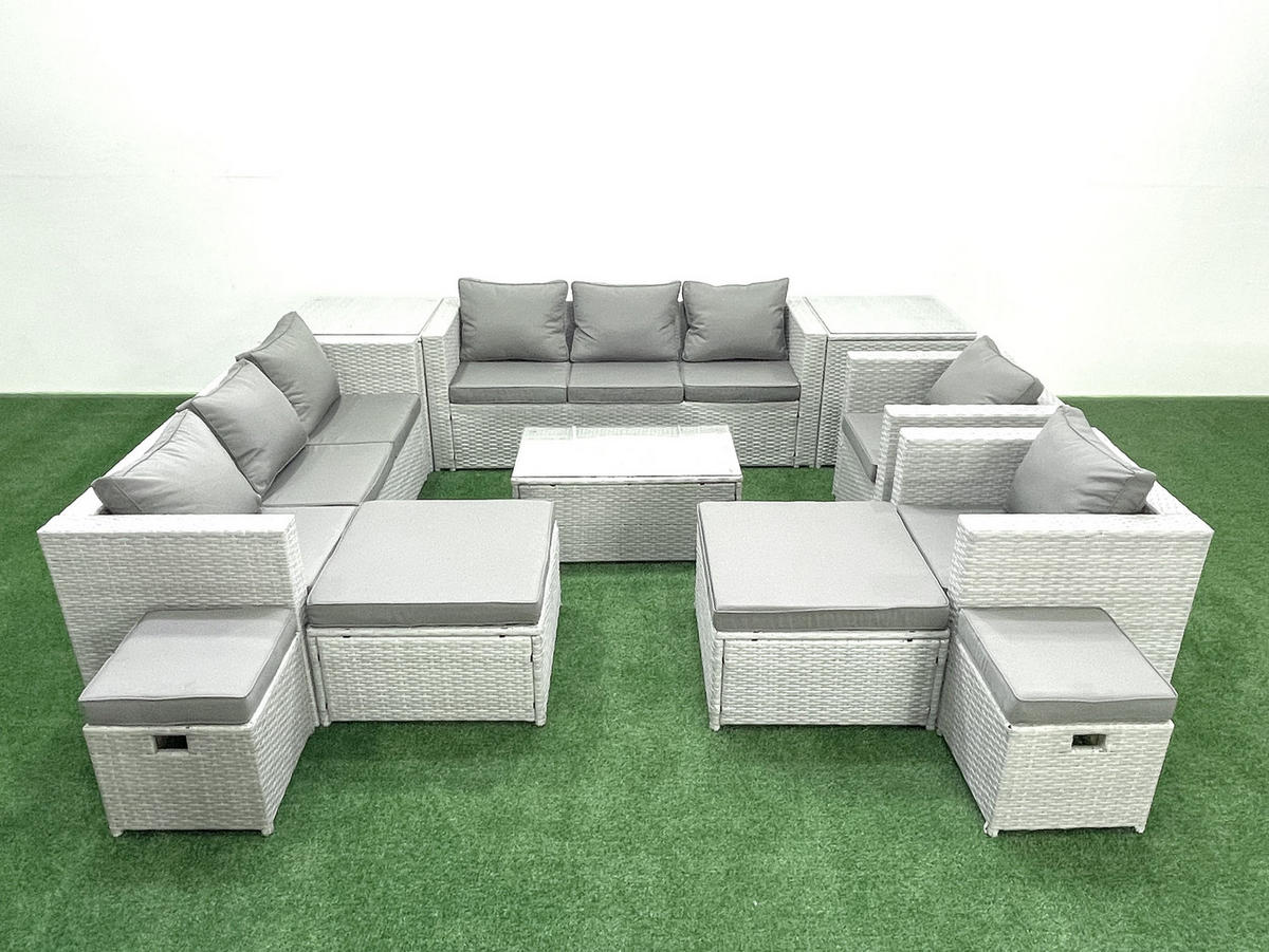 GARTENSET mit 3-SITZER SOFA,COUCHTISCH Polyrattan Hellgrau-Mix 12-Sitzer - Hellgrau/Grau, Glas/Kunststoff - Fimous