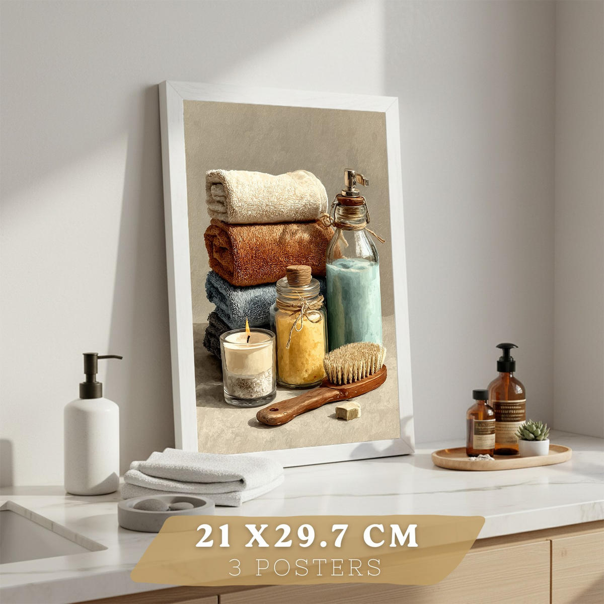 POSTER 3er-Set dekorative Badezimmerdrucke, gemütlicher Spa-Stil, Bilder mit Kerzen, Blumen und Handtüchern, entspannende, Weißer Rahmen A4 - Weiß, Papier (29.7/21/3cm) - Nacnic