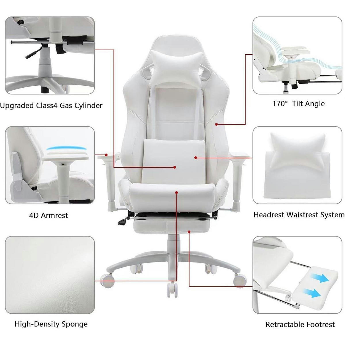 GAMING Stuhl mit Fußstütze und Lendenwirbelstütze Weiß - Weiß, Kunststoff (62/131.8/80cm)
