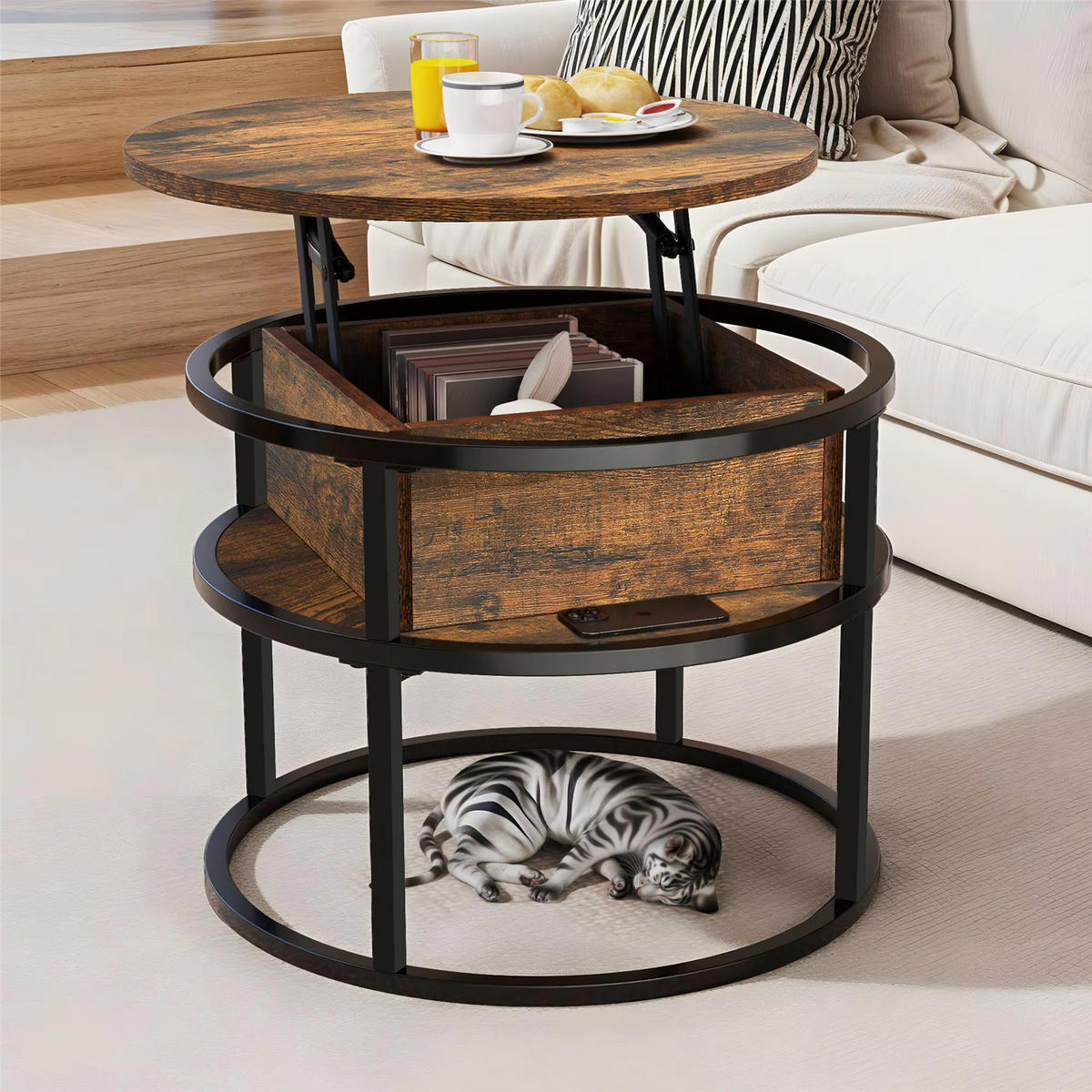COUCHTISCH rund 60x60x47 Lift-Top Hub Stauraum Wohnzimmer - Braun, Holz (60/60/47.5cm) - Kaket