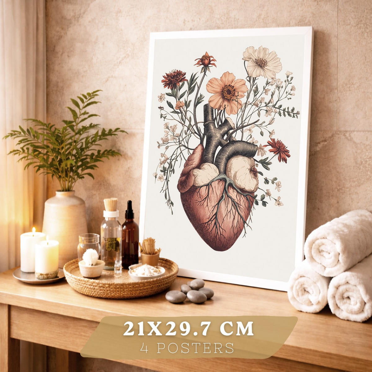 POSTER Set aus 4 Anatomie Drucke und Wandbilder mit Herz Nieren Schädel und Becken Botanischer Stil Medizinische Wanddekoration Größe Weißer Rahmen A4 - Weiß, Papier (21/29.7/3cm) - Nacnic