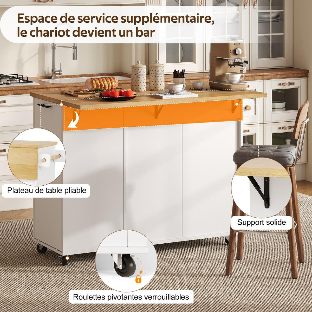 KÜCHENINSEL KLAPPBARE ARBEITSPLATTE, Mülleimerschrank, MDF, 130/70/93 cm - Weiß, Kunststoff (70/93/130cm) - Rolipo