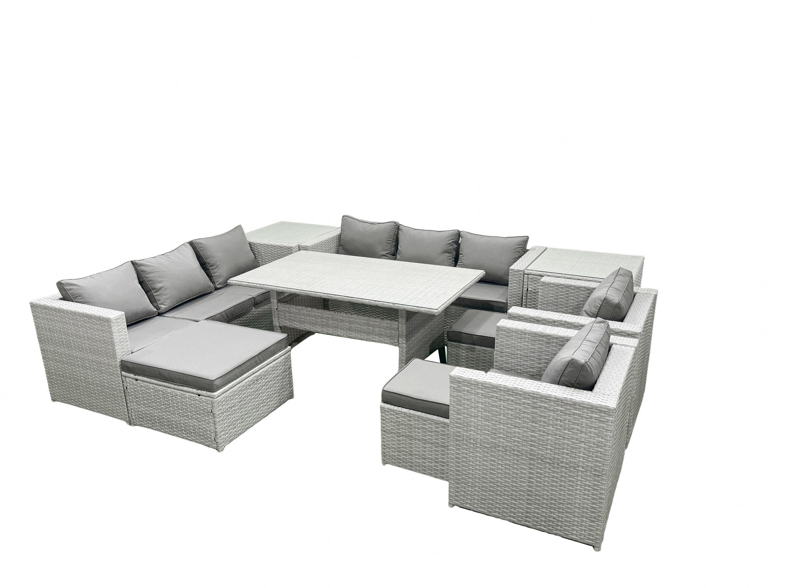 GARTENMÖBEL SET mit 3-Sitzer-Sofa und 2 Stühle, Esstisch,3 Hockern,2 Beistelltischen Polyrattan Hellgrau 11-Sitzer - Hellgrau/Grau, Glas/Kunststoff - Fimous