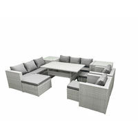 GARTENMÖBEL SET mit 3-Sitzer-Sofa und 2 Stühle, Esstisch,3 Hockern,2 Beistelltischen Polyrattan Hellgrau 11-Sitzer - Hellgrau/Grau, Glas/Kunststoff - Fimous