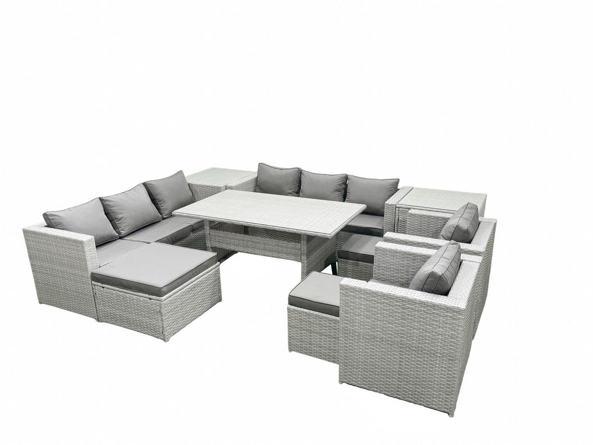 GARTENMÖBEL SET mit 3-Sitzer-Sofa und 2 Stühle, Esstisch,3 Hockern,2 Beistelltischen Polyrattan Hellgrau 11-Sitzer - Hellgrau/Grau, Glas/Kunststoff - Fimous