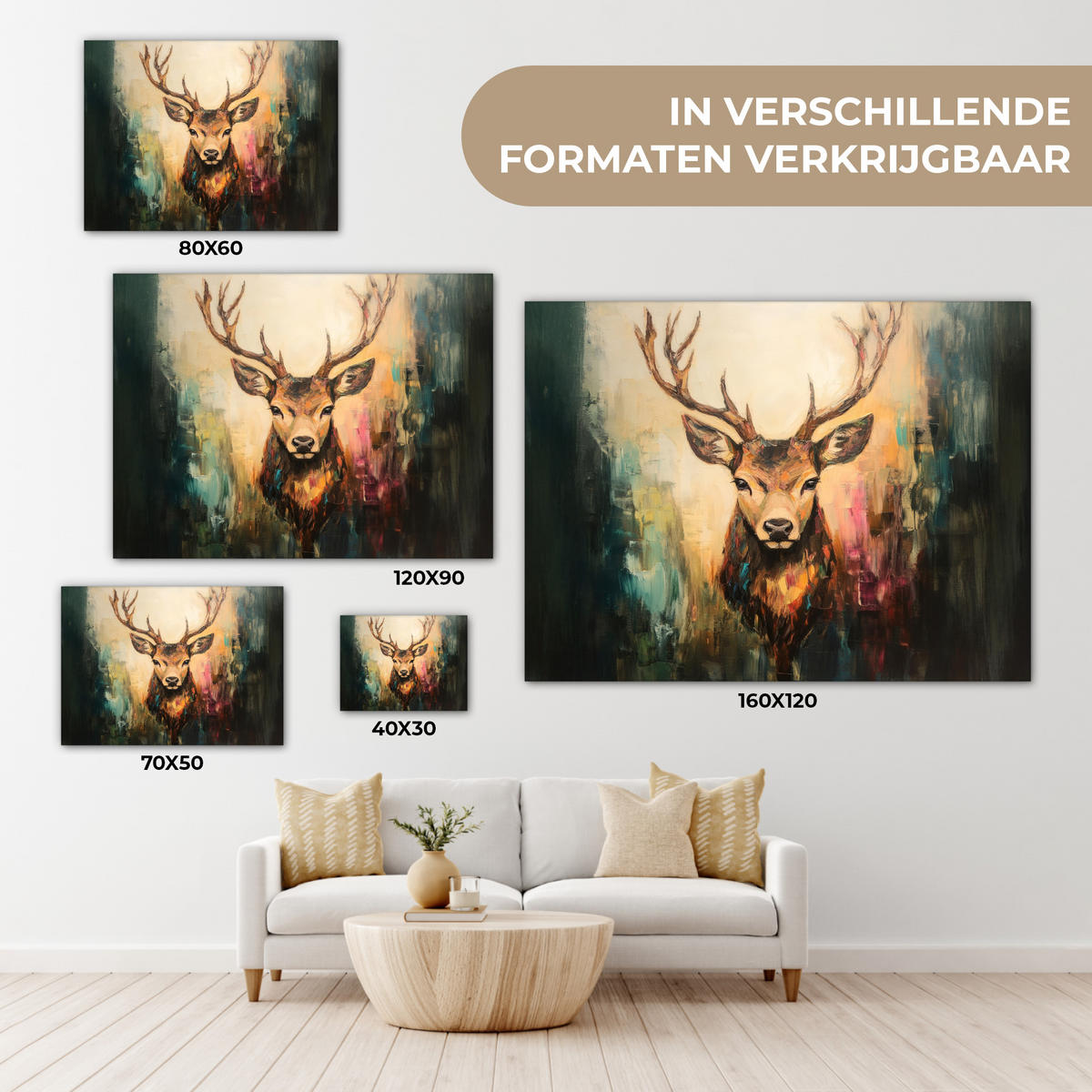 OBRAZ NA PLÁTNĚ Jelen - malovaný - paroží - hnědé 80x60 cm - barva lískového ořechu, textil (80/60cm) - MuchoWow