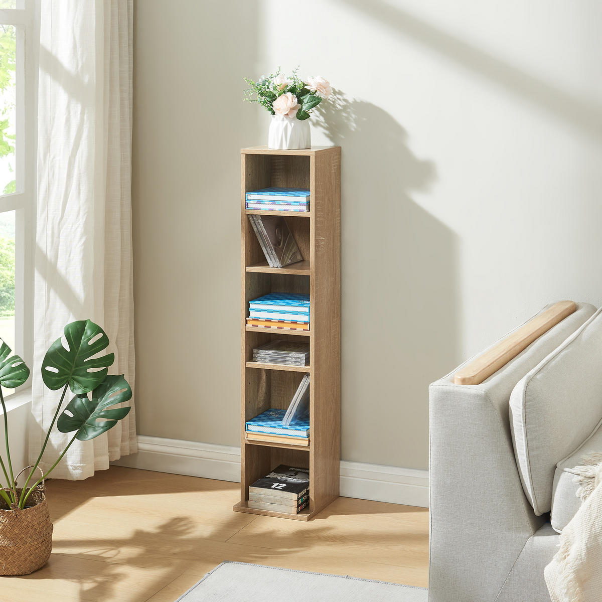 POLIČKA NA CD Tynset - Sonoma dub, kompozitní dřevo (20/90/20cm) - [en.casa]